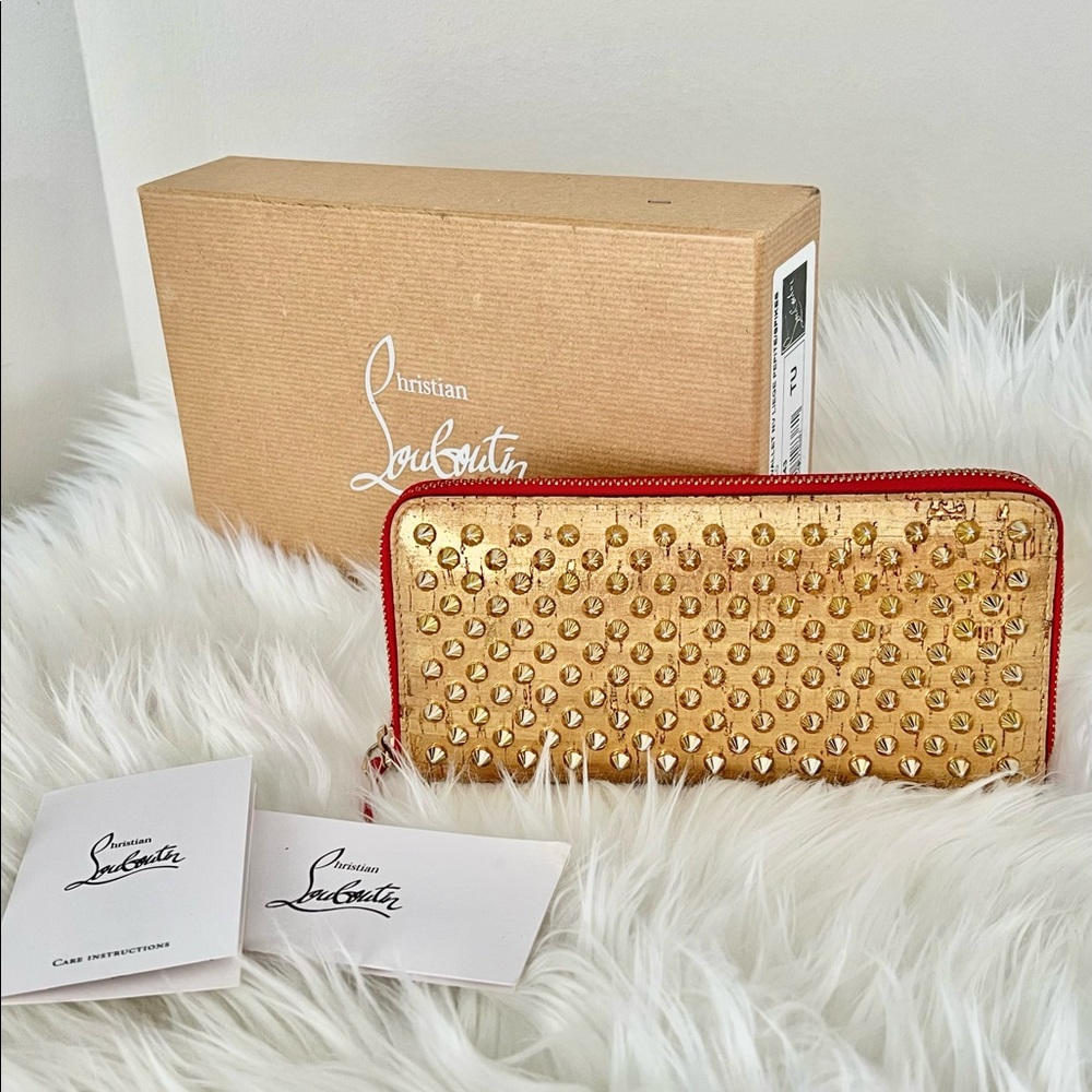 CHRISTIAN LOUBOUTIN Panettone Zip-Around Wallet - Gold Liege Pepite Spikes